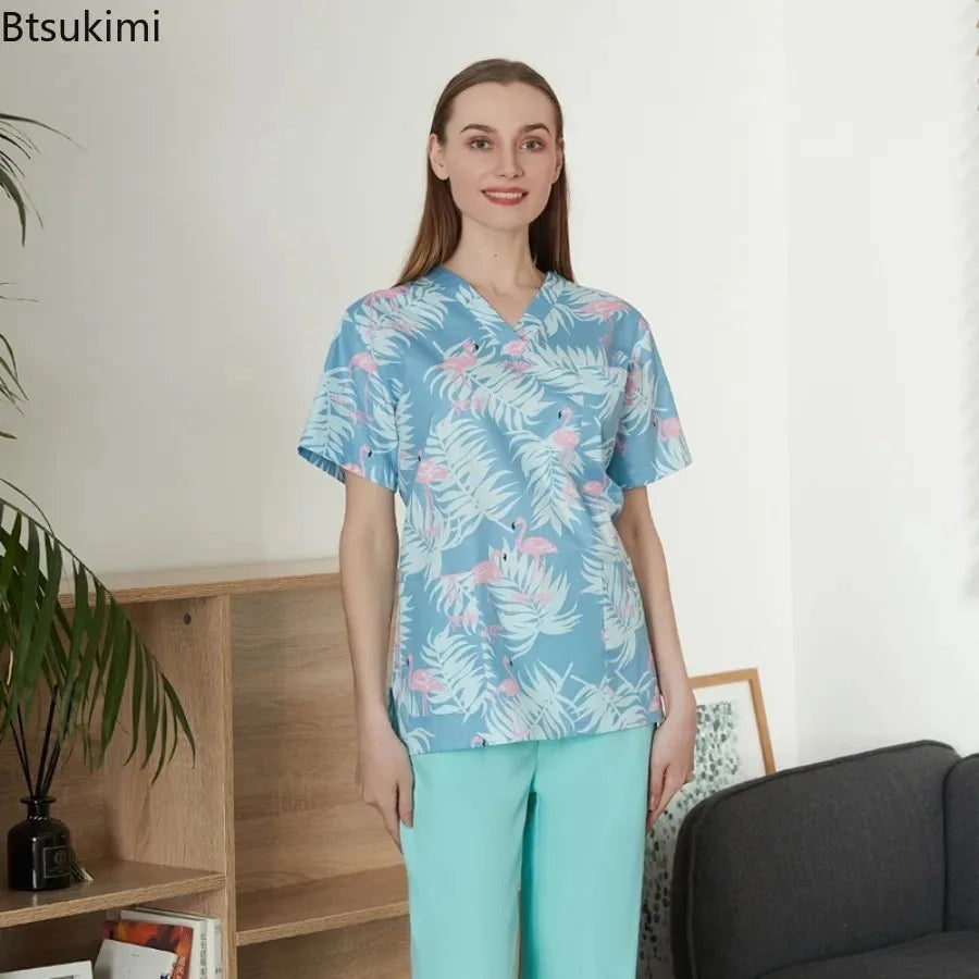 Women's Printed V‑Neck Short‑Sleeve Scrub Top