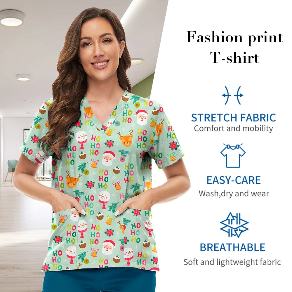 Women's Holiday Christmas Print V‑Neck Scrub Top — Short Sleeve