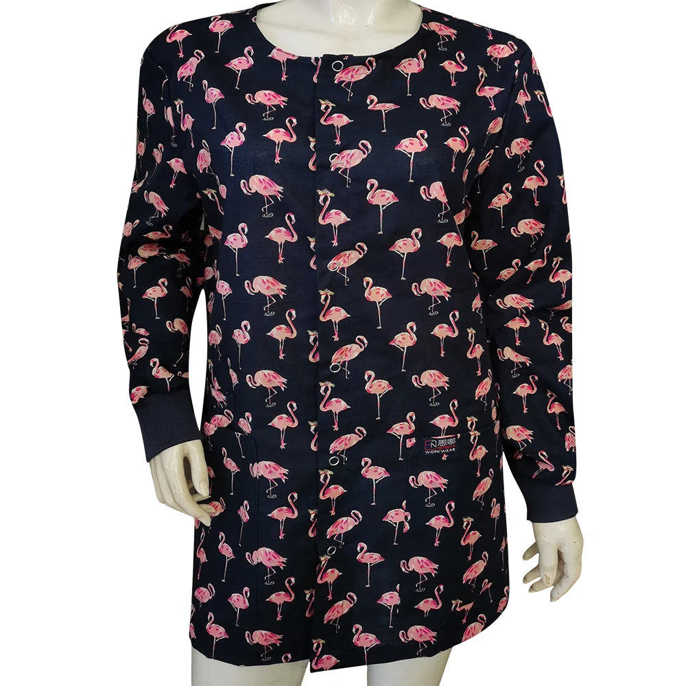 Long-Length Cotton Medical Jacket — Floral Print, XS–4XL