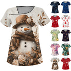 Women's Elk-Print Short-Sleeve T‑Shirt & Pocket Overalls Scrub Set