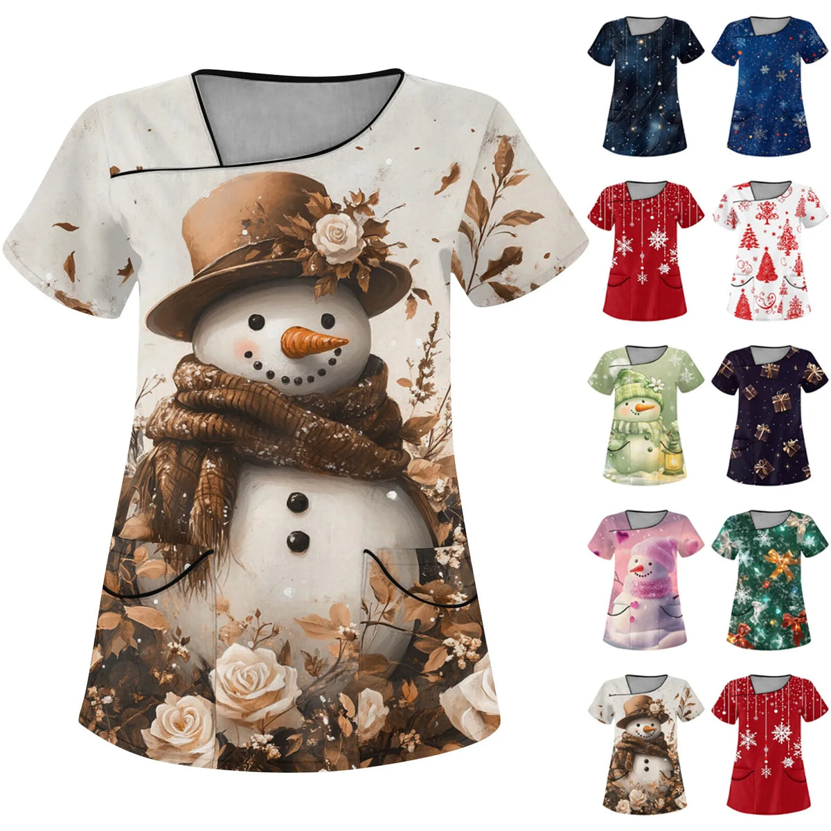 Women's Elk-Print Short-Sleeve T‑Shirt & Pocket Overalls Scrub Set