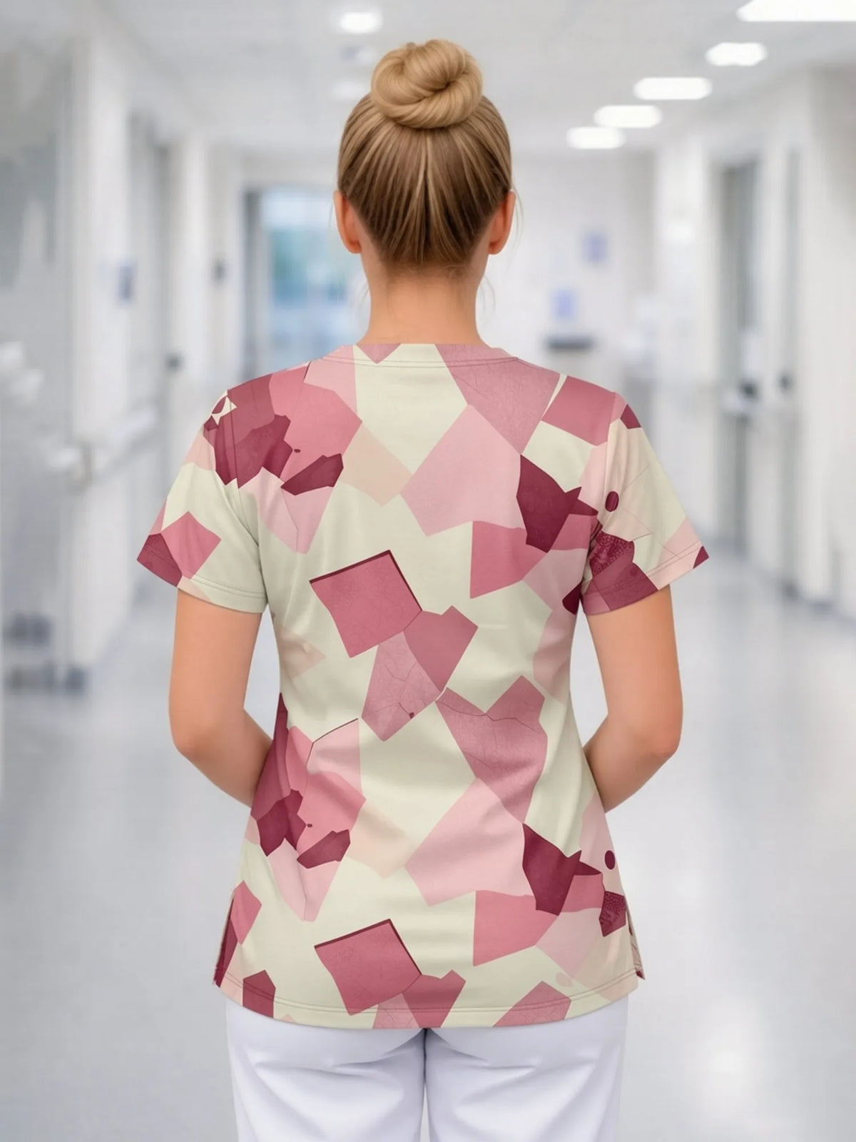 Women’s V‑Neck Short‑Sleeve Printed Scrub Tunic — Comfort Fit