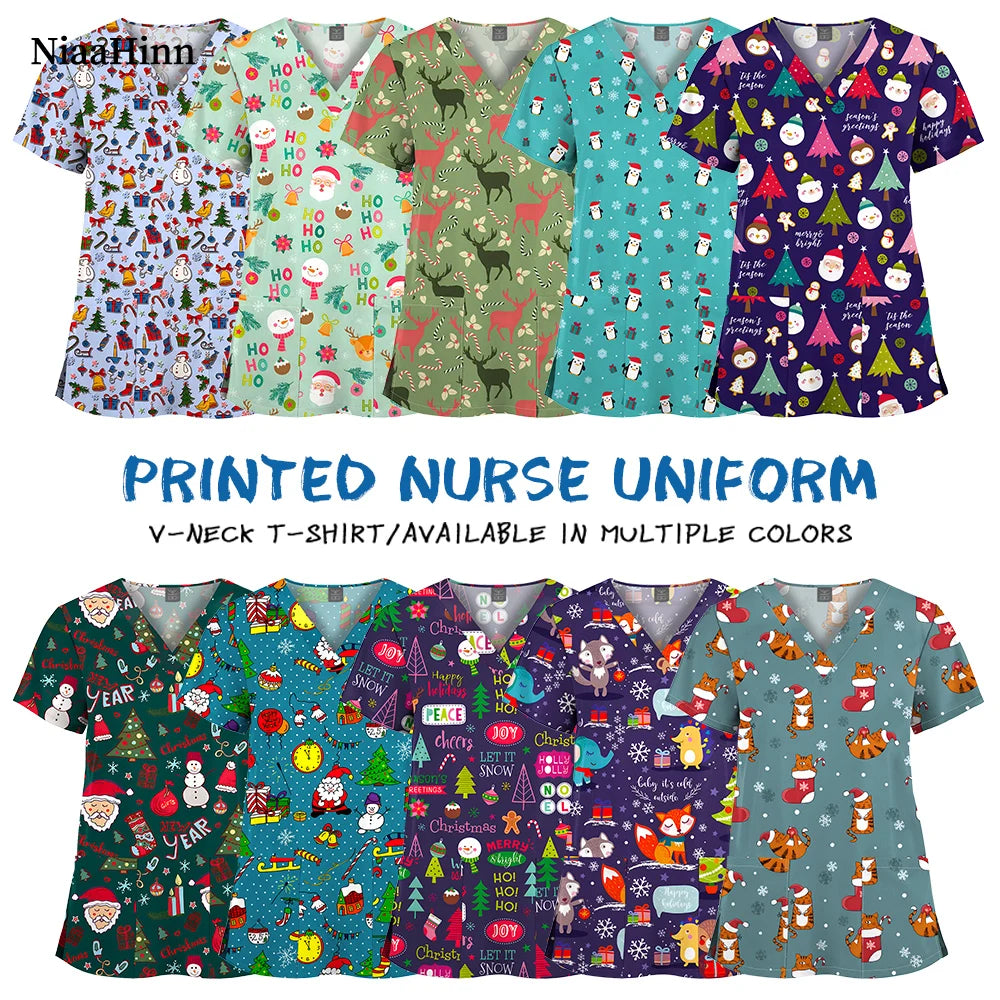 Women's Holiday Christmas Print V‑Neck Scrub Top — Short Sleeve