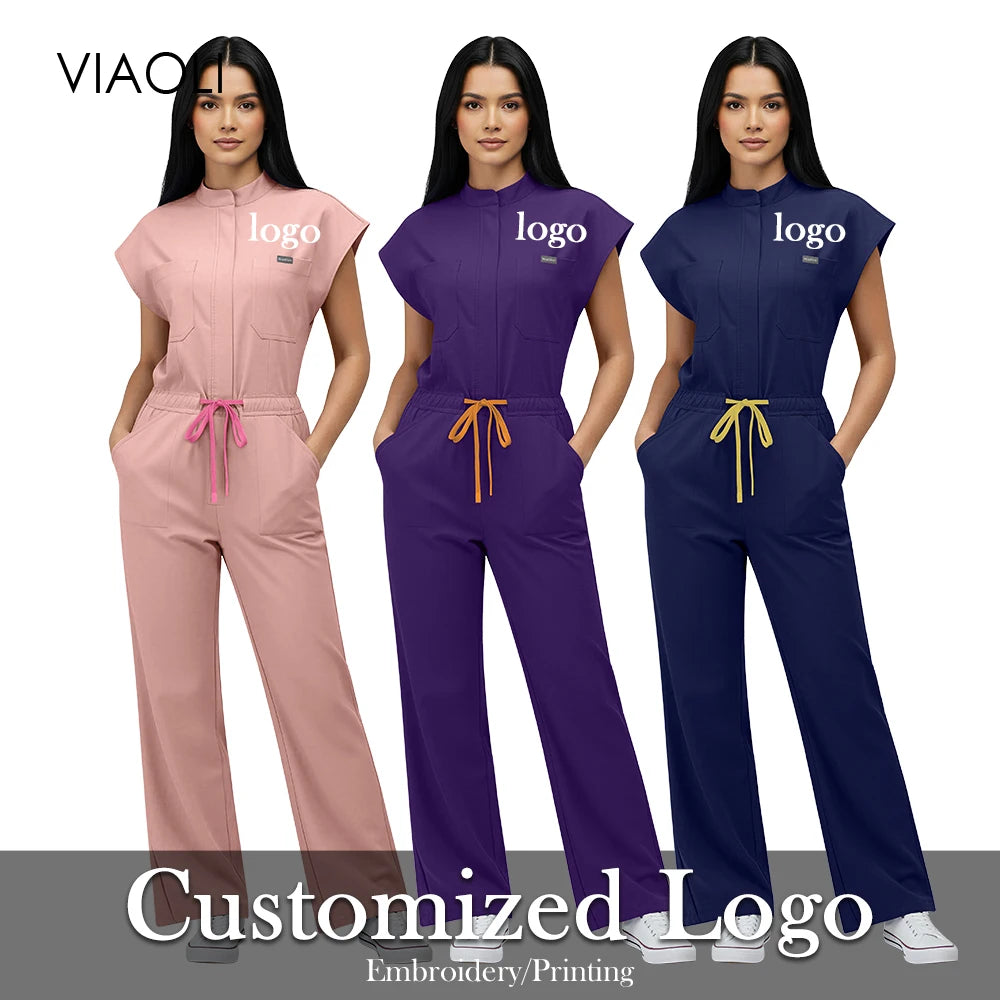 Women's Short‑Sleeve Medical Jumpsuit with Zipper Collar