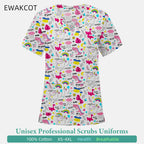 Female V‑Neck Cotton Nurse Top — Unicorn & Dinosaur Print (S–XXXL)