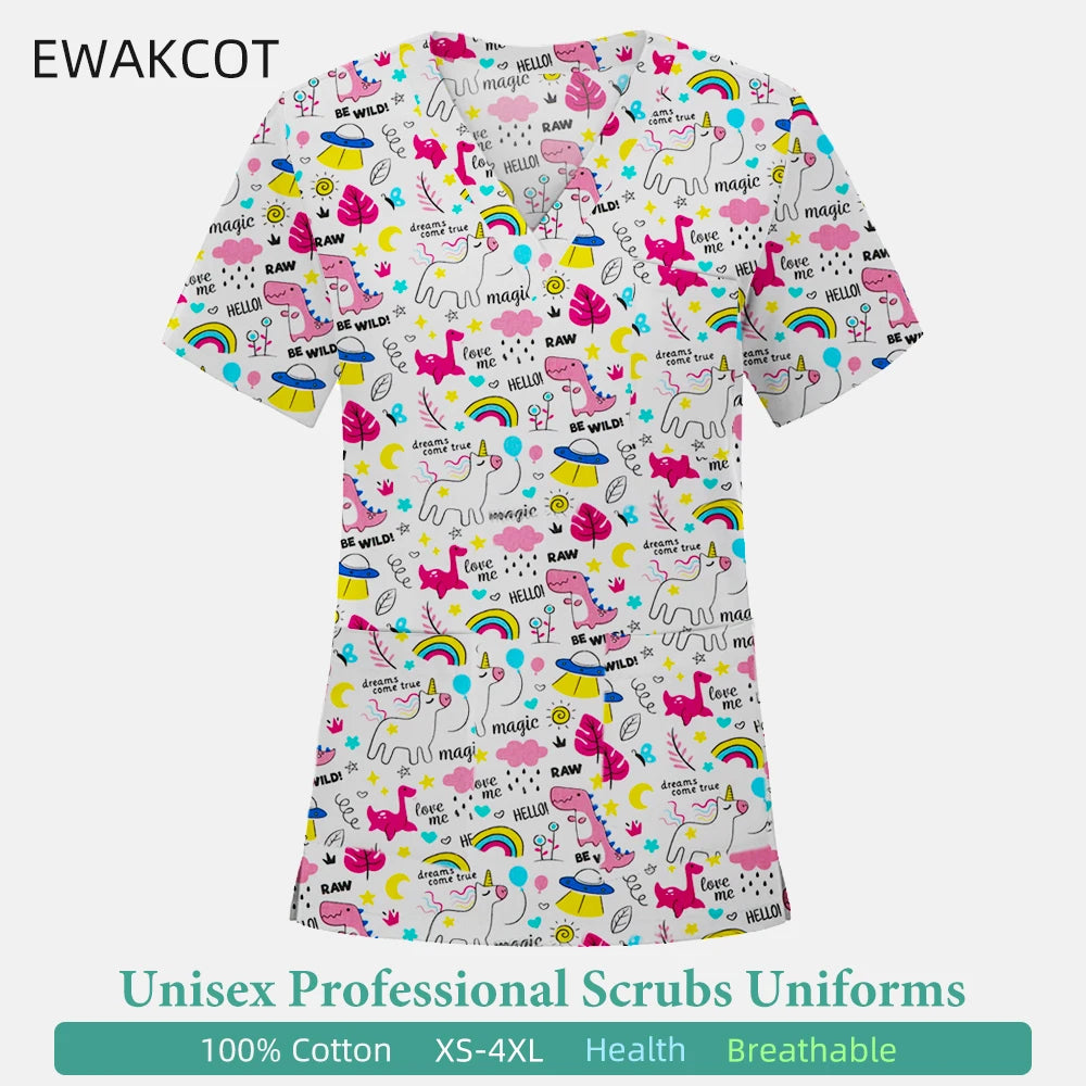 Female V‑Neck Cotton Nurse Top — Unicorn & Dinosaur Print (S–XXXL)