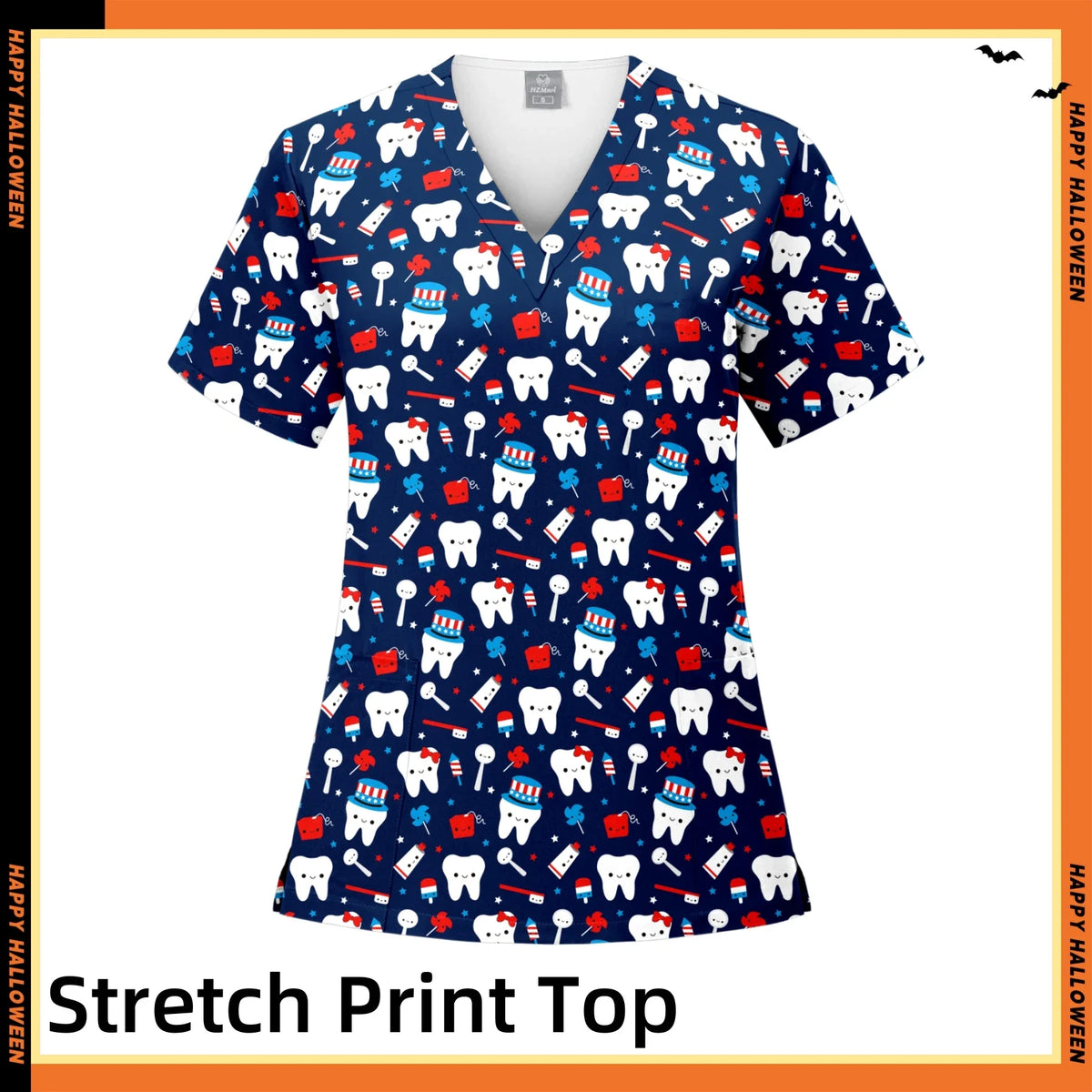 Women's V‑Neck Short‑Sleeve Scrub Top — Christmas Tree Print