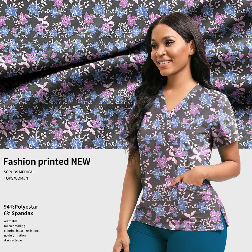 Printed Cotton Short-Sleeve Scrub Top — Unisex