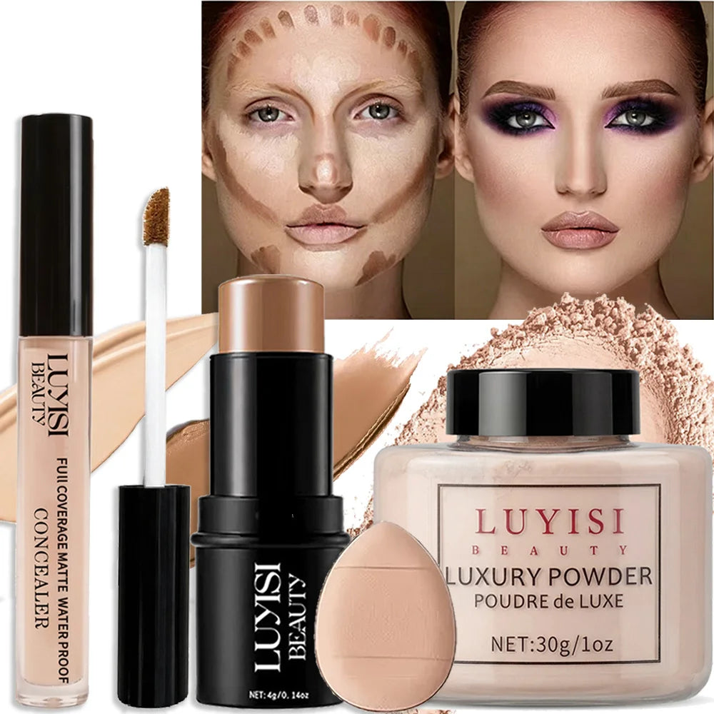 4-Piece Matte Waterproof Face Makeup Set — Concealer, Powder, Contour, Puff