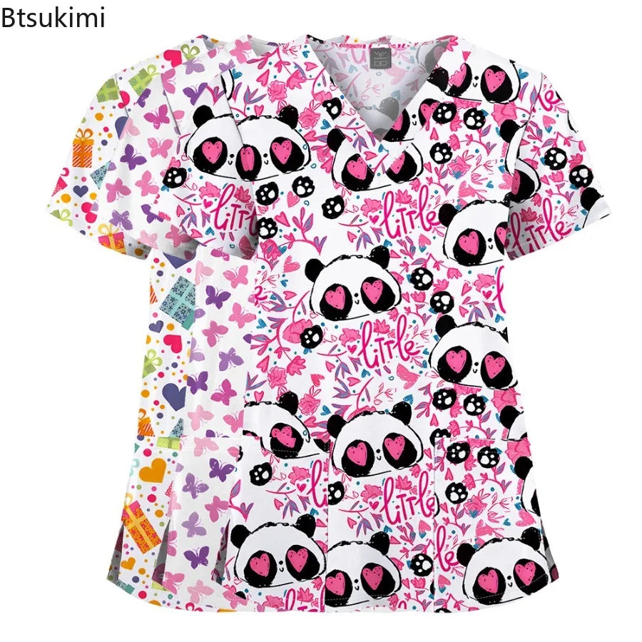 Cartoon-Print Unisex Scrub T‑Shirt Top