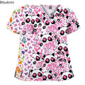 Cartoon-Print Unisex Scrub T‑Shirt Top