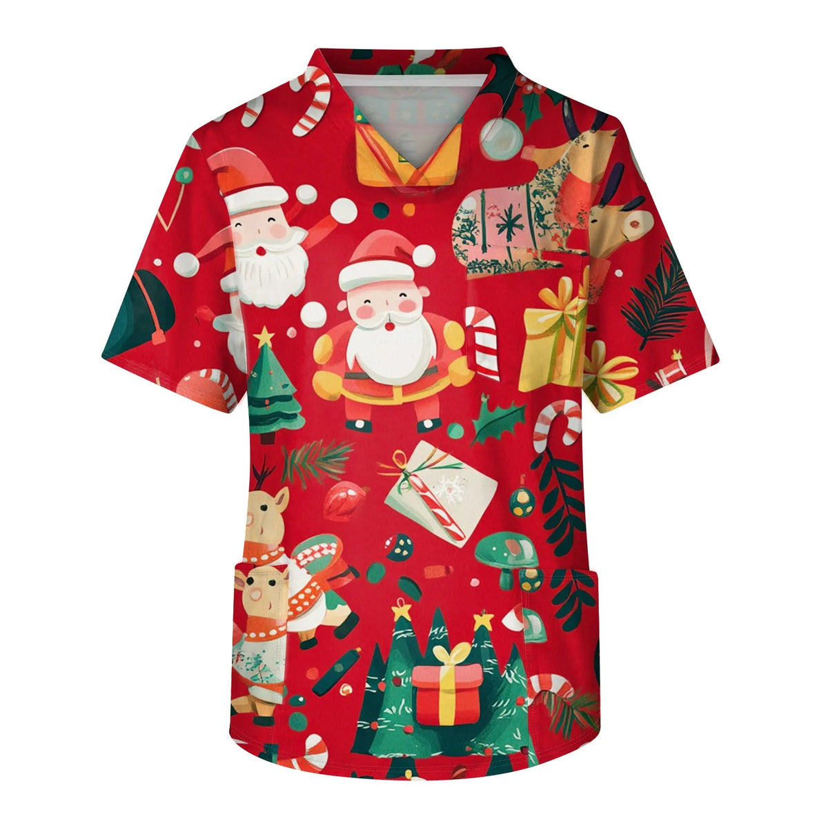 Unisex Christmas-Print Scrub Top — Santa Motif