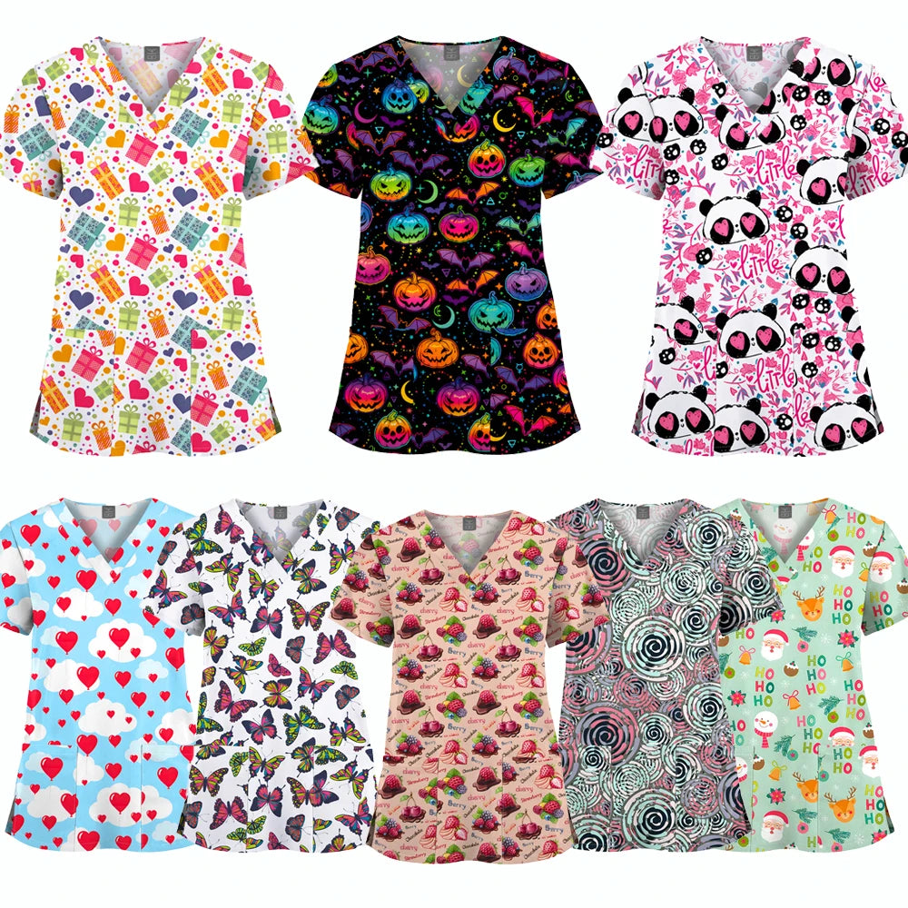 Women's V-Neck Butterfly Print Scrub Top, 3-Pocket