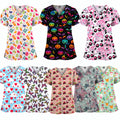 Women's V-Neck Butterfly Print Scrub Top, 3-Pocket