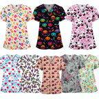 Women's V-Neck Butterfly Print Scrub Top, 3-Pocket