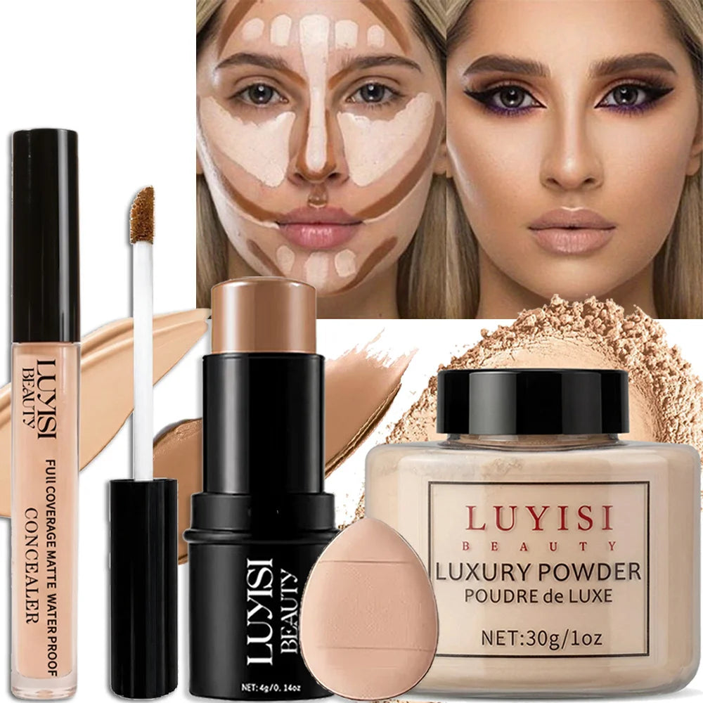 4-Piece Matte Waterproof Face Makeup Set — Concealer, Powder, Contour, Puff