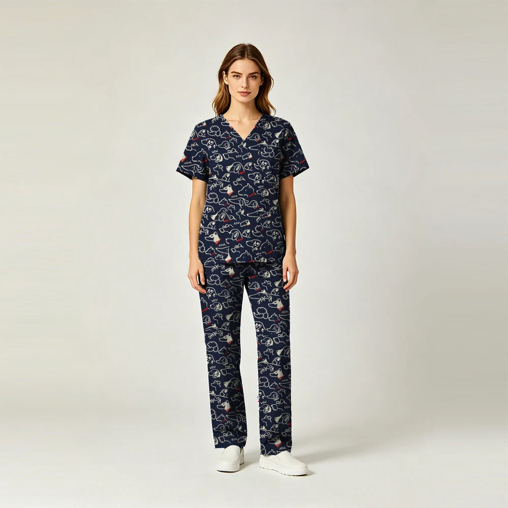 Dogs Print Pure-Cotton Scrub Set — Soft Animal-Pattern Nursing Uniform