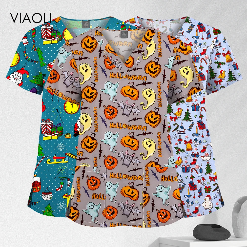 VIAOLI Women's 100% Cotton V‑Neck Scrub Top — Breathable Short Sleeve
