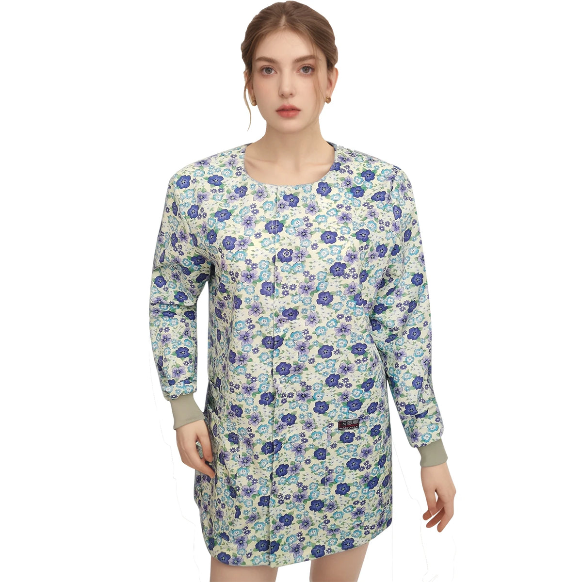 Long-Length Cotton Medical Jacket — Floral Print, XS–4XL