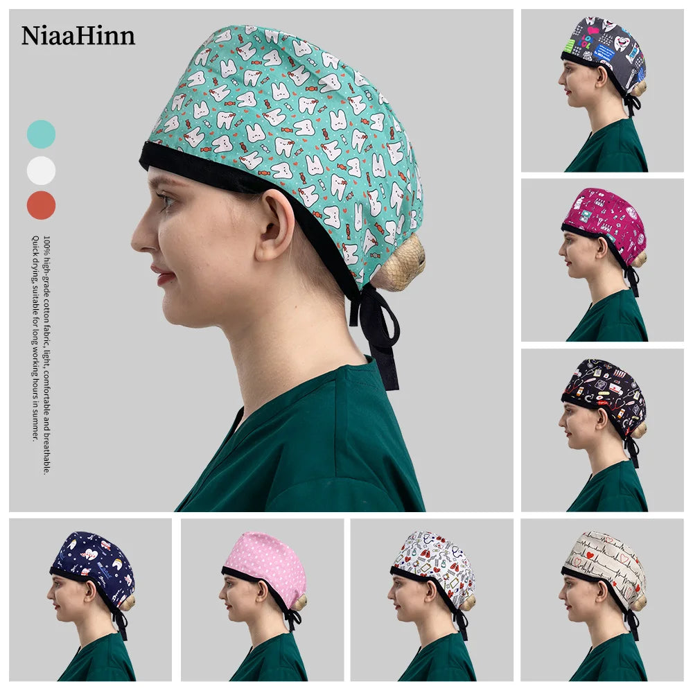 Cute Cartoon Printed Scrub Cap — Breathable Women's Work Hat