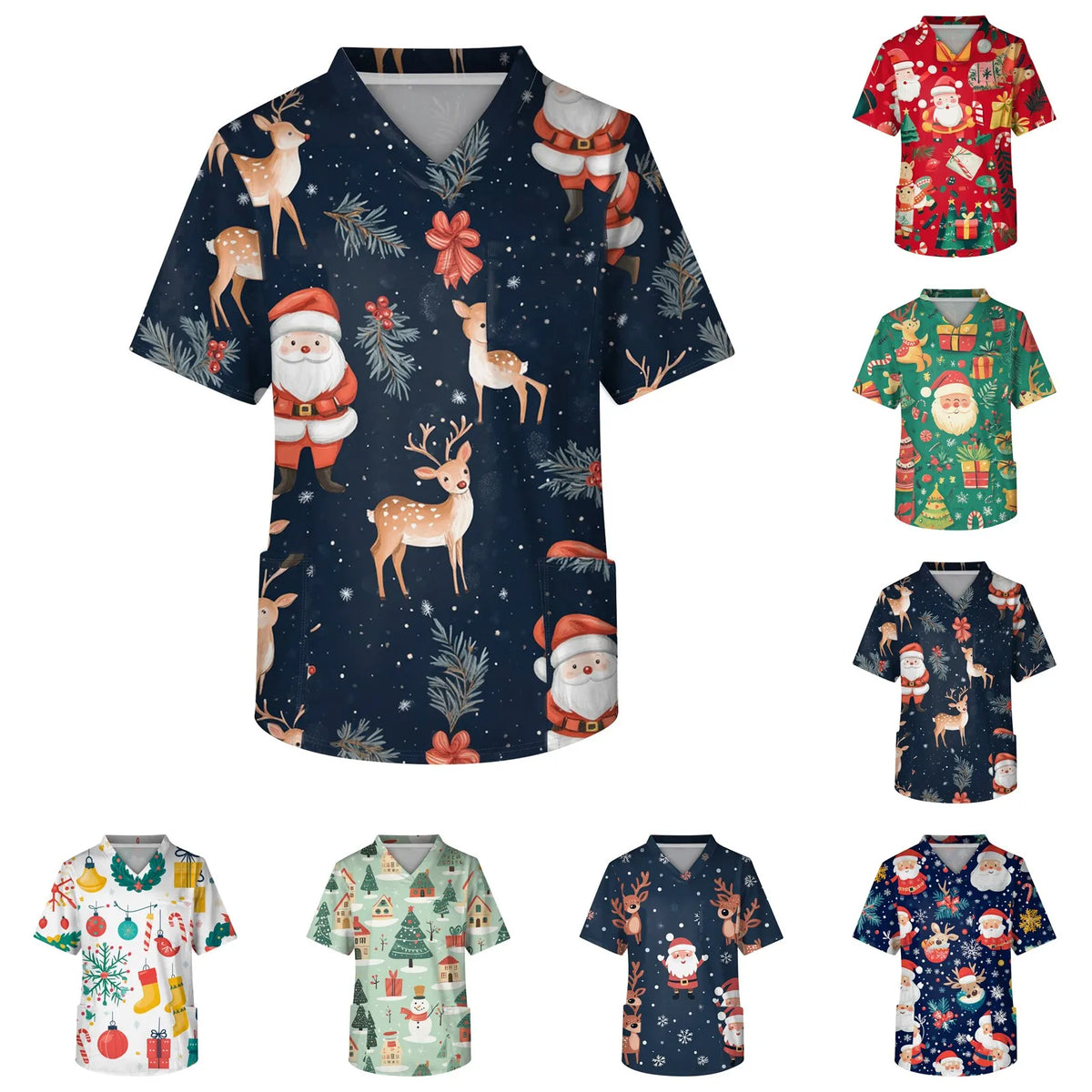 Unisex Christmas-Print Scrub Top — Santa Motif