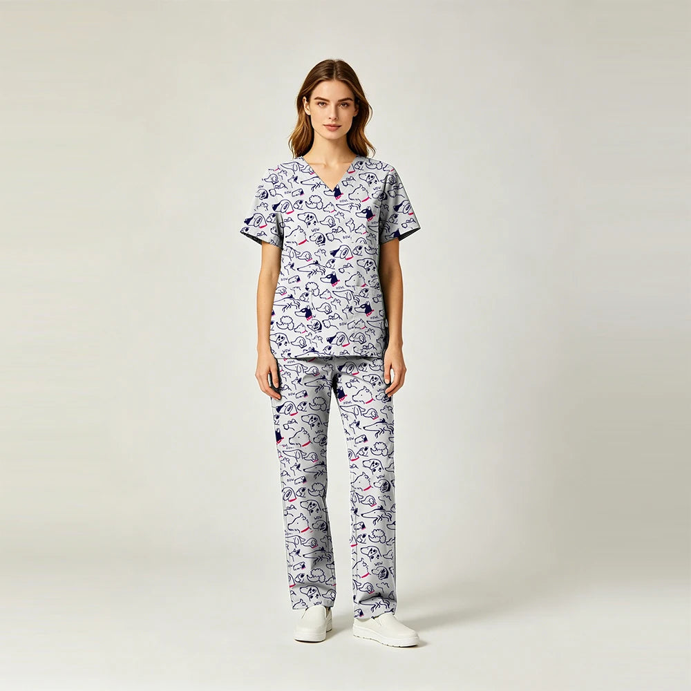 Dogs Print Pure-Cotton Scrub Set — Soft Animal-Pattern Nursing Uniform