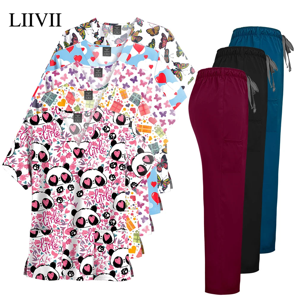 Print Scrub Set — V‑Neck Top & Straight Pants, Unisex (S–XL)