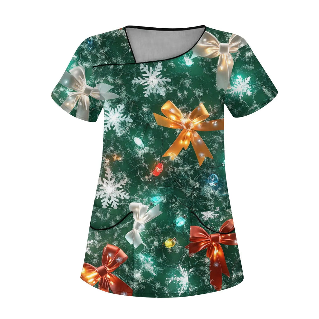 Women's Elk-Print Short-Sleeve T‑Shirt & Pocket Overalls Scrub Set