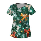 Women's Elk-Print Short-Sleeve T‑Shirt & Pocket Overalls Scrub Set