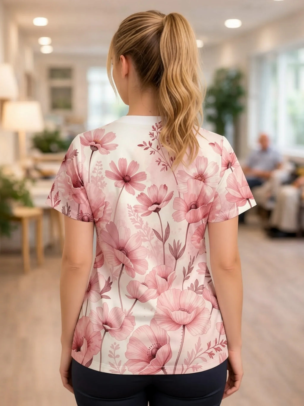 Women's V-Neck Bloom Print Scrub Top — Short Sleeve Relaxed Fit