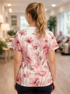 Women's V-Neck Bloom Print Scrub Top — Short Sleeve Relaxed Fit
