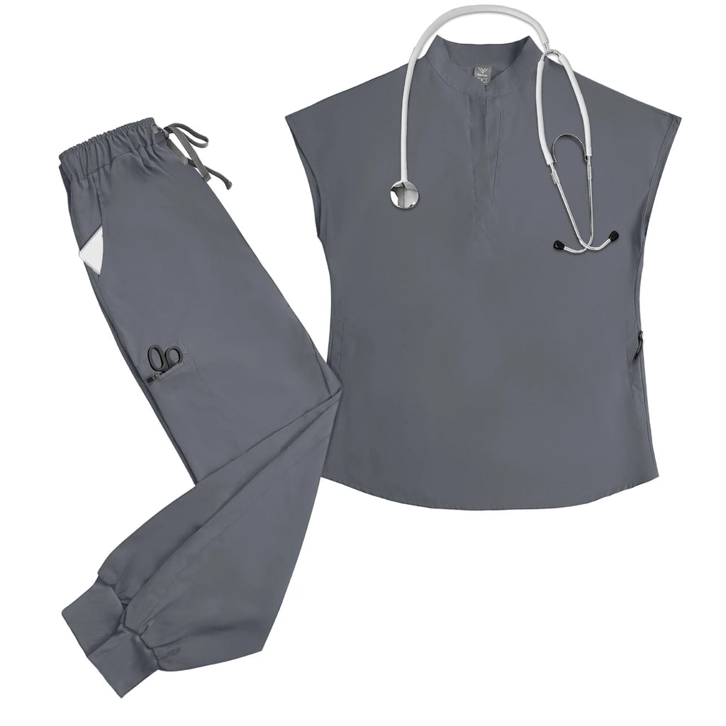 Stand‑Collar Sleeveless Scrub Top — Half‑Zip, Multi‑Pocket