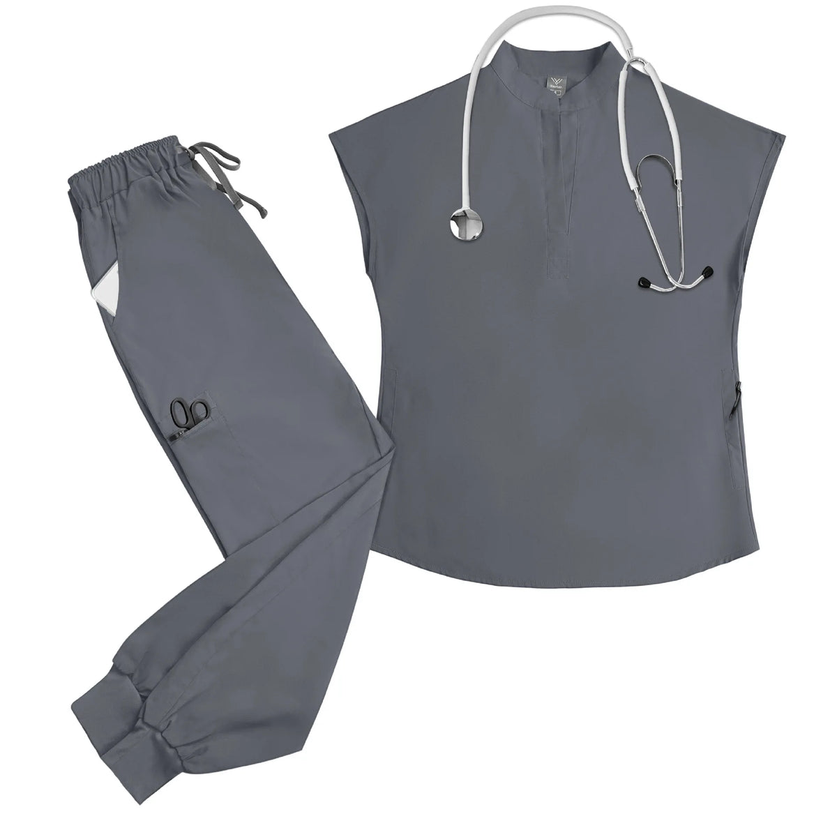 Stand‑Collar Sleeveless Scrub Top — Half‑Zip, Multi‑Pocket