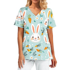 Women's Easter Bunny V‑Neck Scrub Top — Short Sleeve