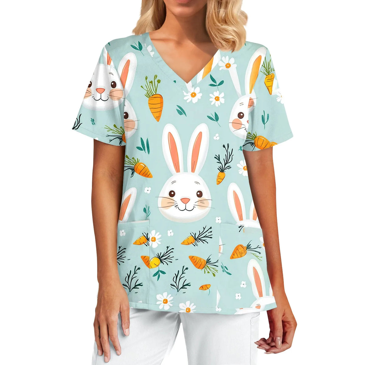 Women's Easter Bunny V‑Neck Scrub Top — Short Sleeve