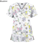 Cartoon-Print Unisex Scrub T‑Shirt Top