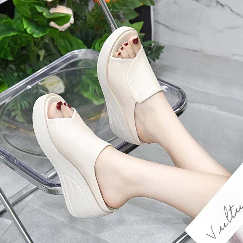 Women's Black Wedge Platform Sandals — Open-Toe Slides