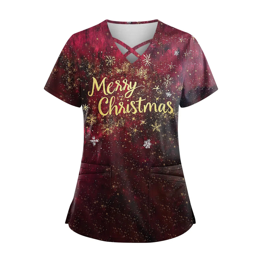 Women's Christmas-Print Scrub Top — Nurse Surgical