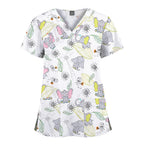 Women's V-Neck Butterfly Print Scrub Top, 3-Pocket