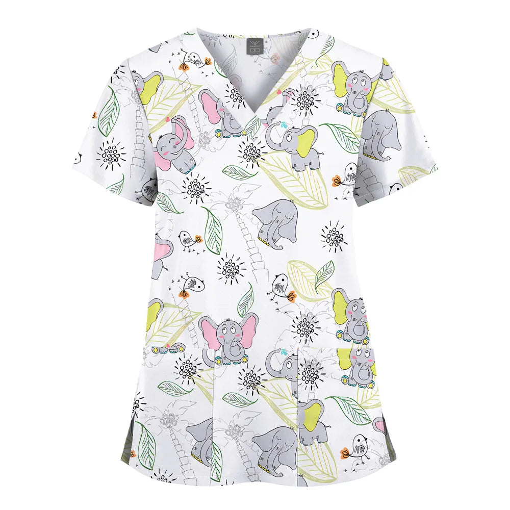 Women's V-Neck Butterfly Print Scrub Top, 3-Pocket