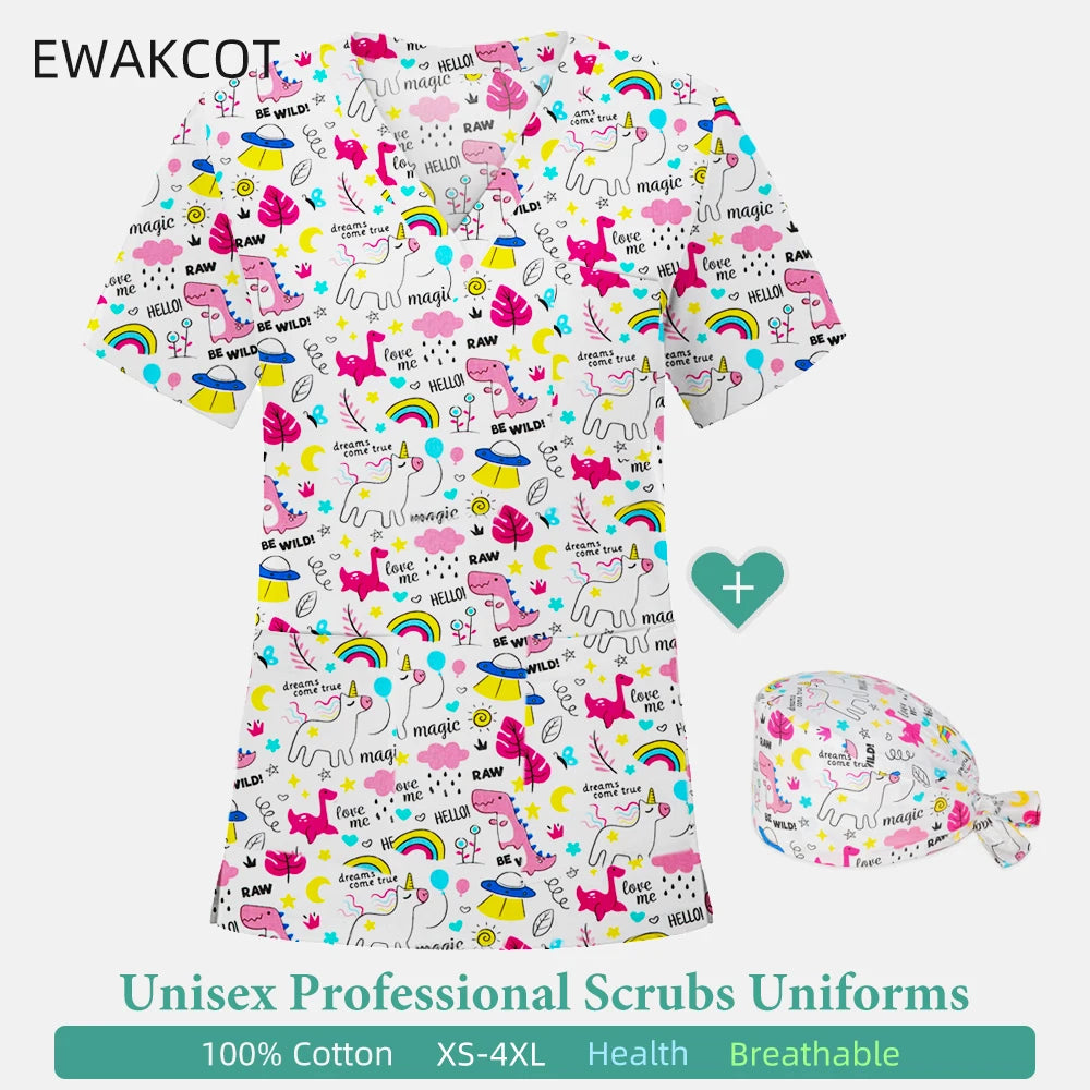 Female V‑Neck Cotton Nurse Top — Unicorn & Dinosaur Print (S–XXXL)
