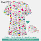 Female V‑Neck Cotton Nurse Top — Unicorn & Dinosaur Print (S–XXXL)
