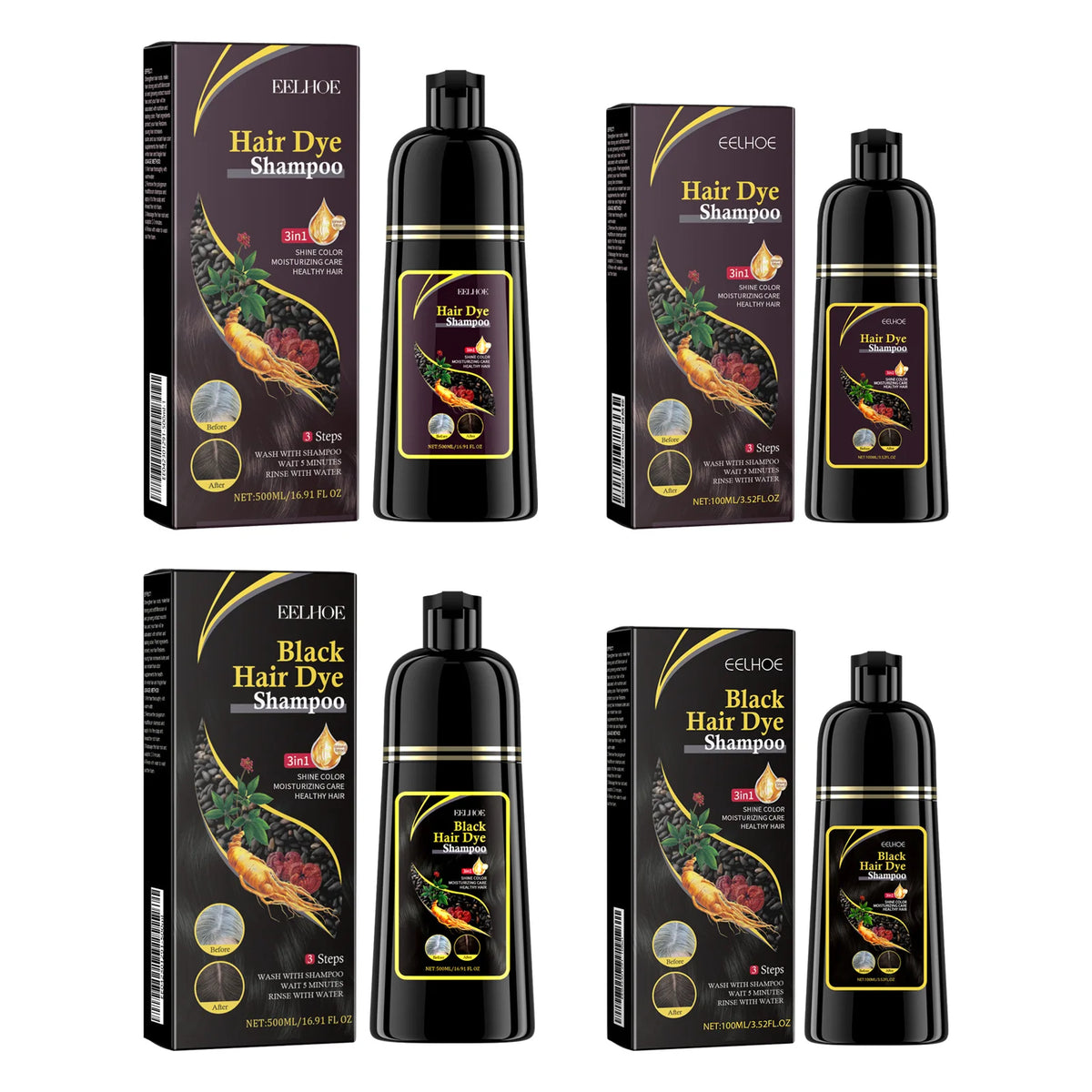 EELHOE 3‑in‑1 Black Hair Dye Shampoo — Darkening & Nourishing
