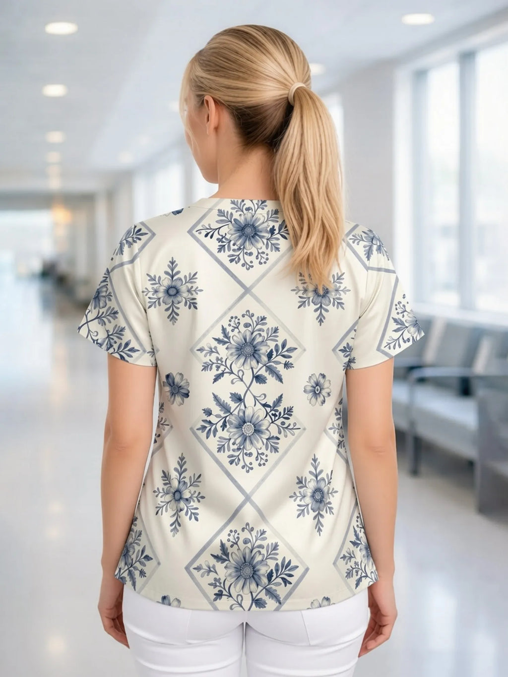 Women's V‑Neck Short‑Sleeve Scrub Top — Tunic with Patch Pockets