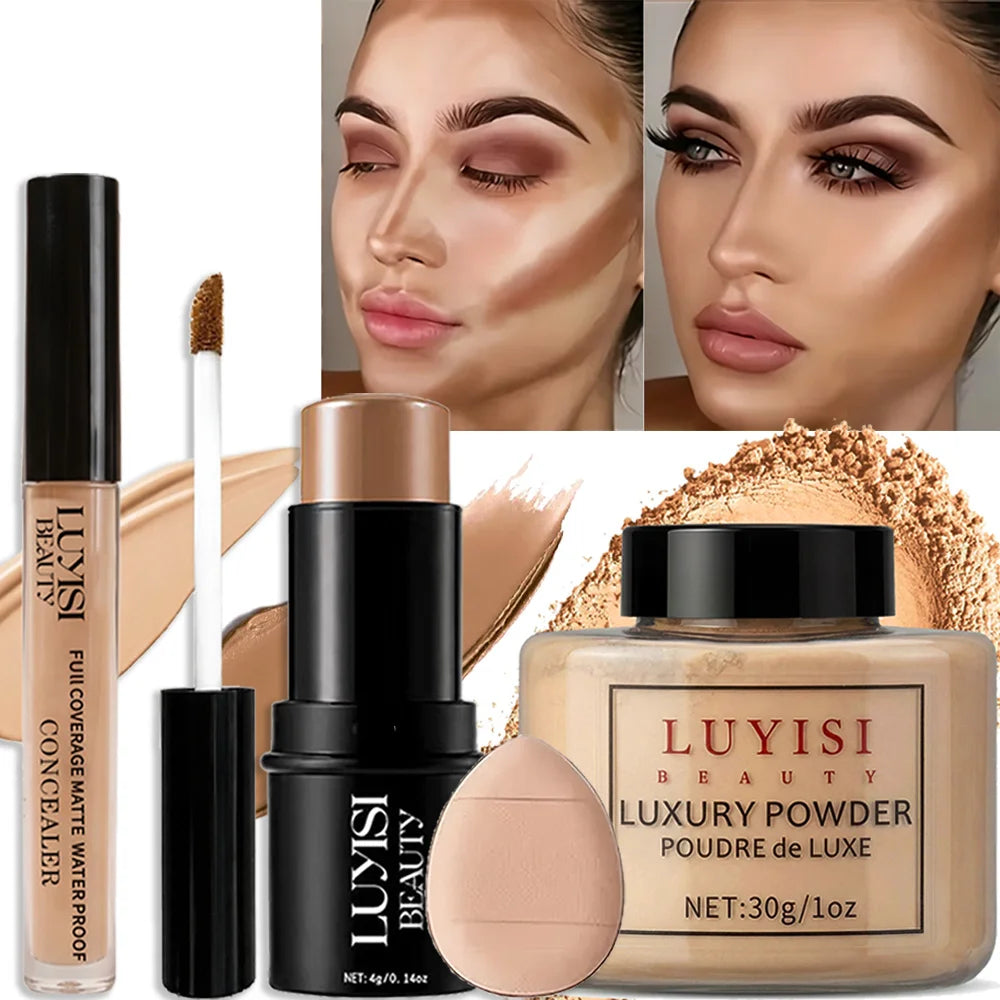 4-Piece Matte Waterproof Face Makeup Set — Concealer, Powder, Contour, Puff